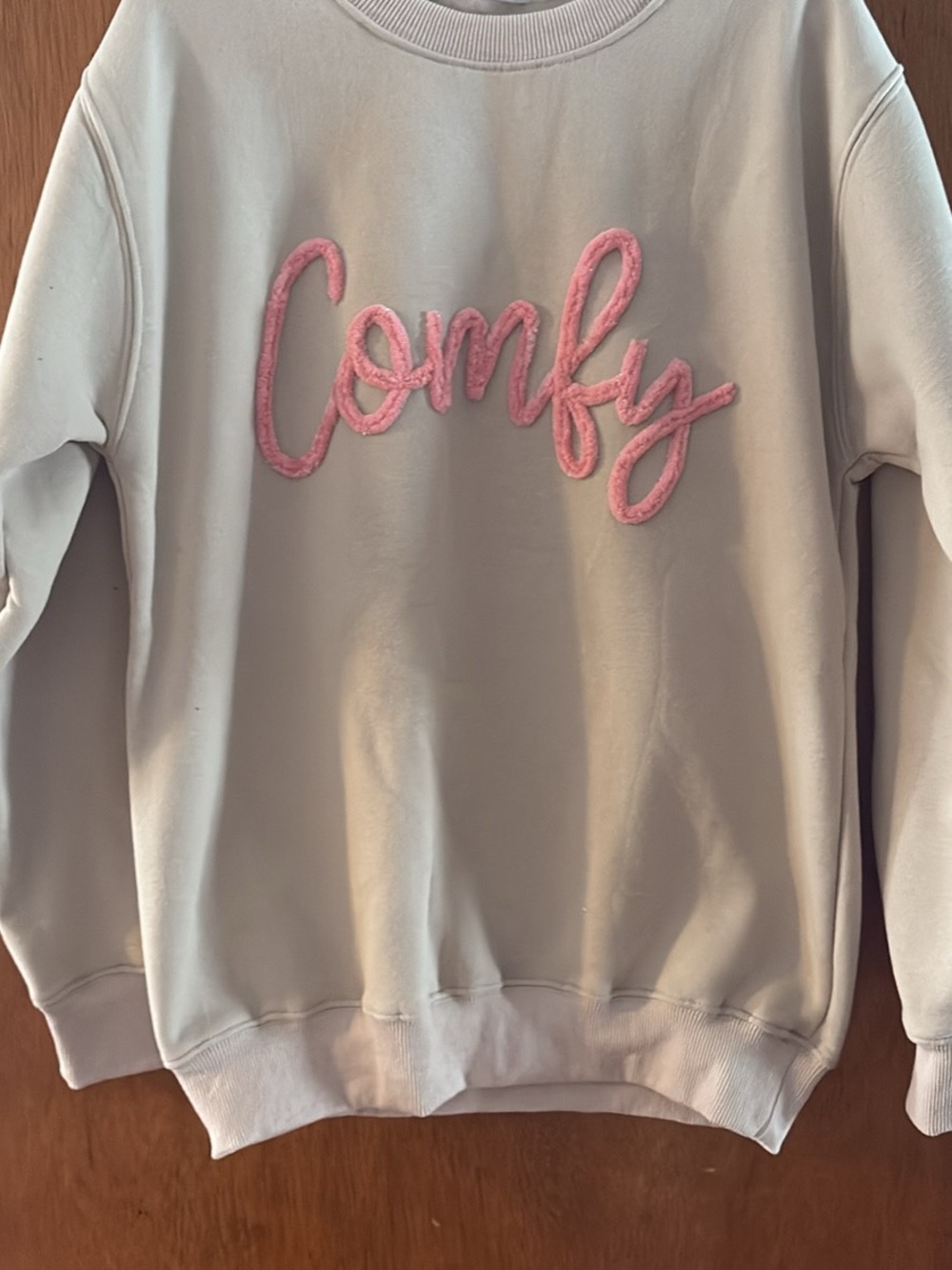 Custom Comfy Embroidered Sweatshirt in Light Earl Gray Color  with Pink Script